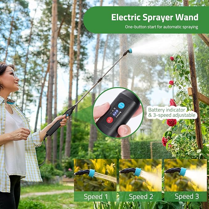DOUBFIVSY Battery Powered 33" Garden Sprayer Wand, 3 Adjustable Speeds, 4 Mist Nozzles, 10 FT Hose, Black, ABS Handle, Stainless Steel Tube, Lawn & Garden Sprayer