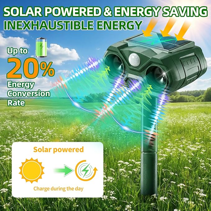 2 Pack Solar Animal Repellent Outdoor,USB Rechargeable Cat Deterrent Outdoor &Deer Repellent Devices Coyote Skunk Raccoon Fox Deterrents Light Animal Repeller with Motion Sensor for Yard Garden