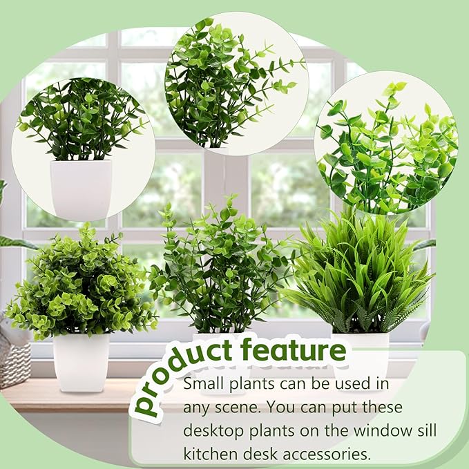 GREENTIME 3Pack Mini Fake Plants in Pots Artificial Plastic Eucalyptus Plant Wheat Grass Potted Faux Greenery Indoor for Office Desk Coffee Table Bathroom Bedroom Home Decorations