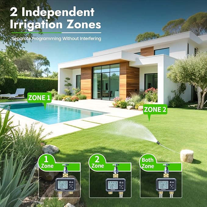 Insoma Water Timer with Brass Inlet & Outlet, 2 Independent Zones Outdoor Hose Timer for Garden Faucet with Auto/Manual/Rain Delay Mode, Sprinkler Irrigation Timers for Yard Lawn