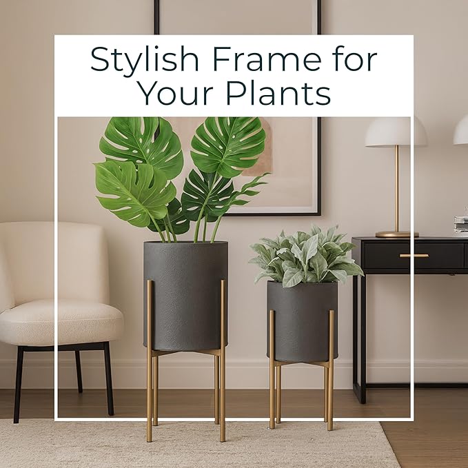 Decorative Flower Pots with Metal Stand for Home Decor - Modern Planters for Hallway, Entryway, and Living Room Decor - Indoor and Outdoor Pots for Plants - Set of 2, 23", 19", Gray & Gold