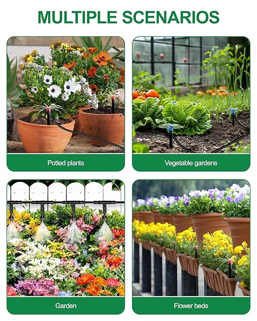 180FT Drip Irrigation System Kit, Automatic Garden Watering System with 1/2” & 1/3” Tubing, Adjustable Nozzle Emitters for Garden, Greenhouse, Lawn, Potted Plants