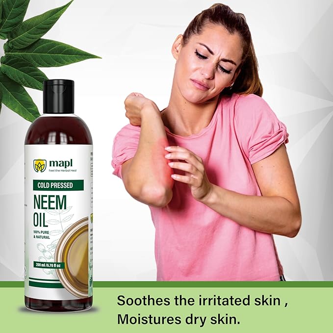 MAPL Cold Pressed Neem Oil for Hair & Skin – 100% Pure Neem Oil – Moisturizing Scalp & Dry Skin Care – Natural Conditioning Oil for Men & Women – 6.76 fl oz (200 ml)