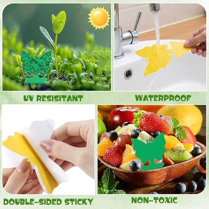 120 Pack Fruit Fly Traps Fungus Gnat Sticky Traps Yellow Black Green Plant Fly Stickers Double Side with Shovel for Indoor Outdoor Kitchen Garden Houseplant Flying Bug Insect (Butterfly)