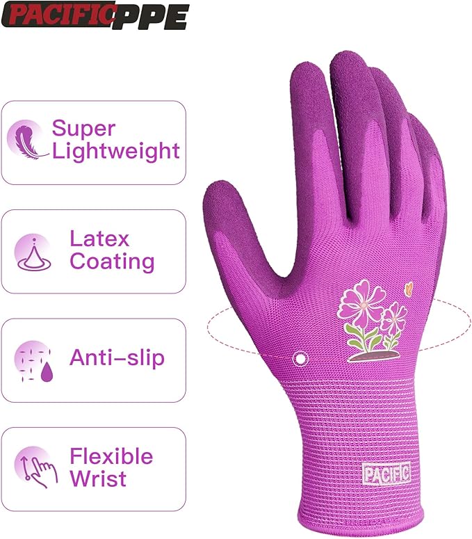 PACIFIC 3 Pairs Gardening Gloves for women, Rubber Coated Garden Gloves, Ladies Yard Work Gloves, Breathable, Purple, Medium