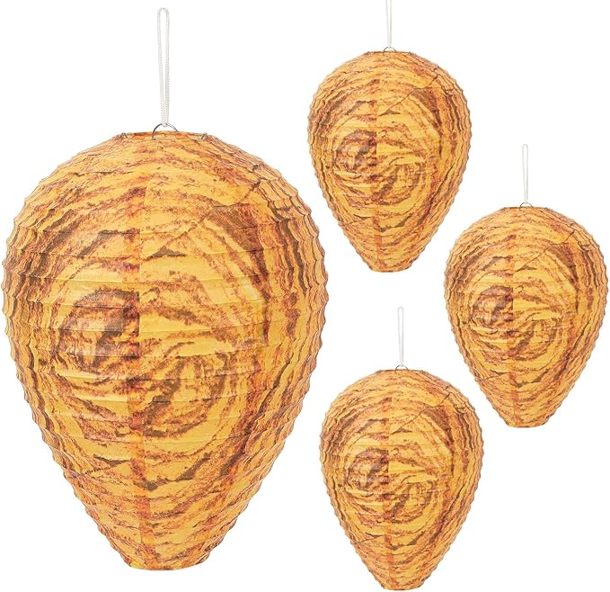 DECYOOL 4 Pack Paper Wasp Nest Decoy Hanging Wasp Nest Stay Away from Wasps Hornets Yellow Jackets(Orange)
