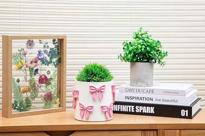 Stylor Pink Bow Planter - Coquette Bow Room Decor for Teen Girls, Decorative Cute Flower Pot with Drainage Hole, Resin Planters for Indoor Plants, Girly Gardening Pot for Home Aesthetic