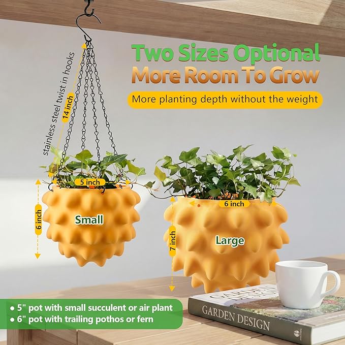 Enhon 6 Inch Hanging Planters for Indoor Plants, Unique Hanging Pots for Plants with Drainage and Hanger Baskets Hangers, Spiked Orb Plant Hanger, Matte Mustard Yellow