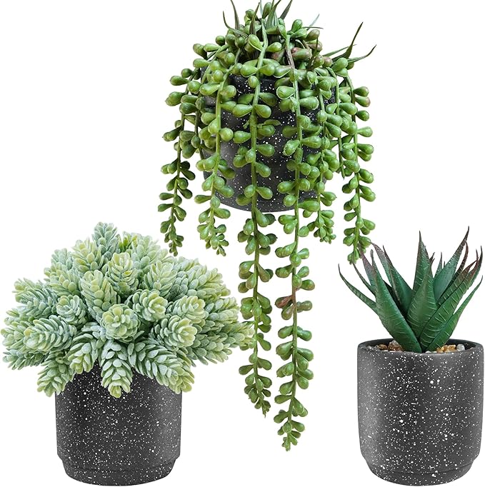 Winlyn 3-Pack Artificial Potted Succulent Plants - Aloe, Hops, String of Pearls - Realistic Faux Plants in Black Cement Pots - Modern/Contemporary Style - Ideal for Home Office Bathroom Indoor Decor