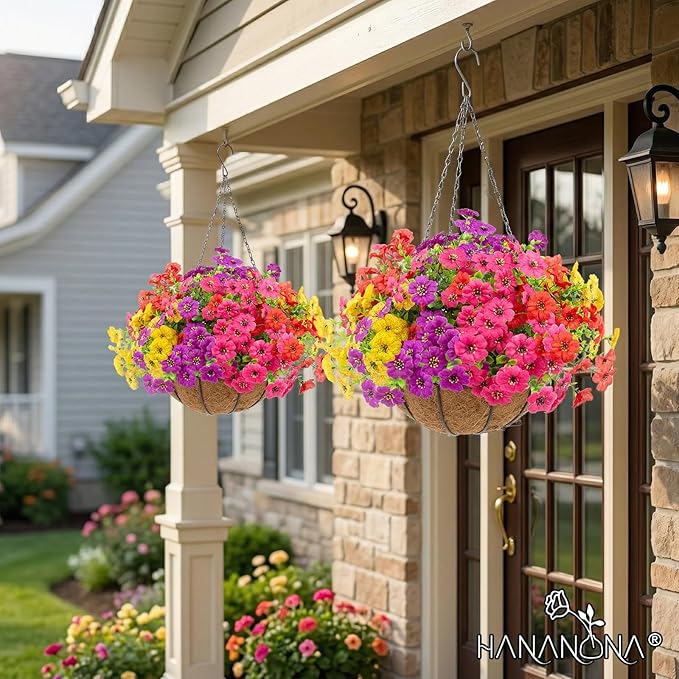 Hananona 2 Set Artificial Outdoor Flowers with Hanging Basket, 2 Hanging Planters with 24 Pcs Flowers for Spring Summer Front Porch Garden Patio Home Decor (2, Red, Purple, Yellow, Rose Red)