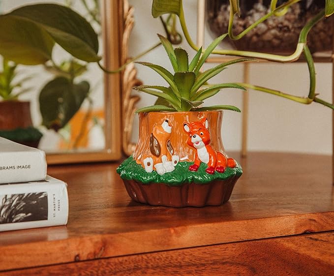 Disney The Fox and The Hound 4-Inch Ceramic Mini Planter with Artificial Succulent | Cute Small Flower Pot, Faux Indoor Plants