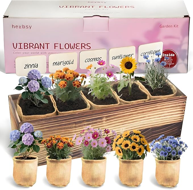 Herbsy 5 Indoor Flower Growing Kit, Complete Planting Starter Set with Sunflower, Zinnia, Marigold, Cosmos, Cornflower Seeds, Unique Birthday and Christmas Gifts for Women, Men, Plant Lovers