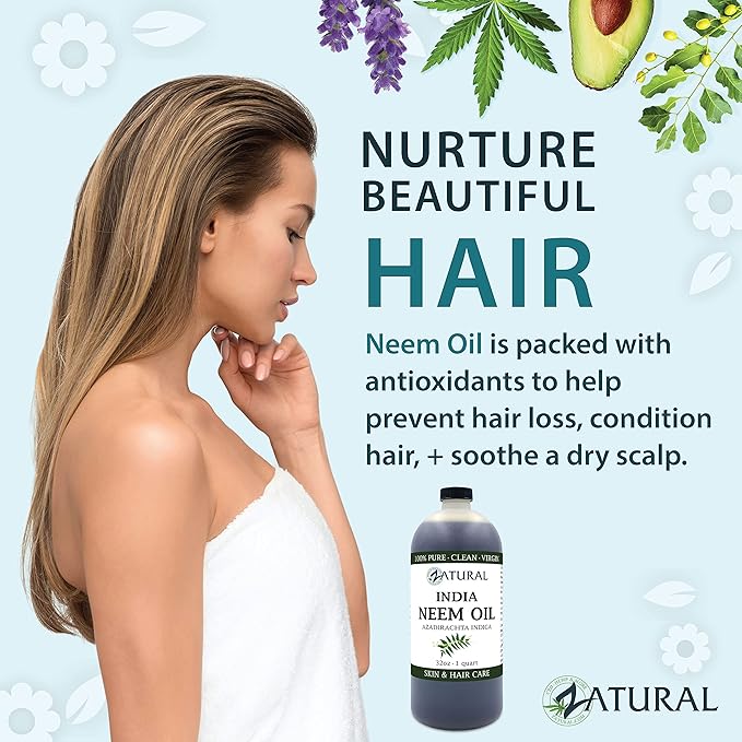 Zatural 100% Pure Neem Seed Oil | Cold Pressed, Undiluted Natural Oil for Skin Conditioning, Hair Moisture & Botanical Blending (32 Fl Oz)