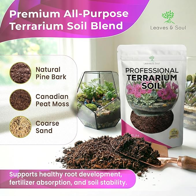 Professional Terrarium Soil | Premium Bedding for Live Succulents, Cacti and Aloe Plants | Large 2.2 Quarts | Ready to Use | Pine Bark, Peat, Course Sand