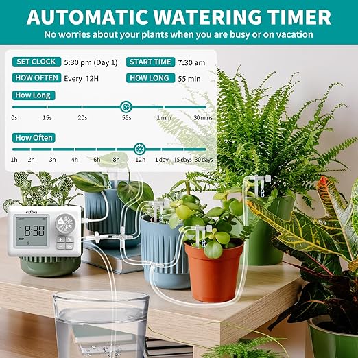 Automatic Watering System for 15 Potted Plants, Automatic DripIrrigation Kit with Adjustable Water Flow, Programmable Water Timer with Dual Power Supply, for Balcony/Garden/Greenhouse Plants