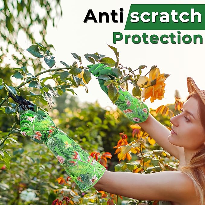 HANDLANDY Women Gardening Gloves, Scratch Resistant Breathable Ladies Rose Pruning Long Gauntlet Floral Print Garden Yard Gloves, Gift for Gardeners (Grass Green, XL)