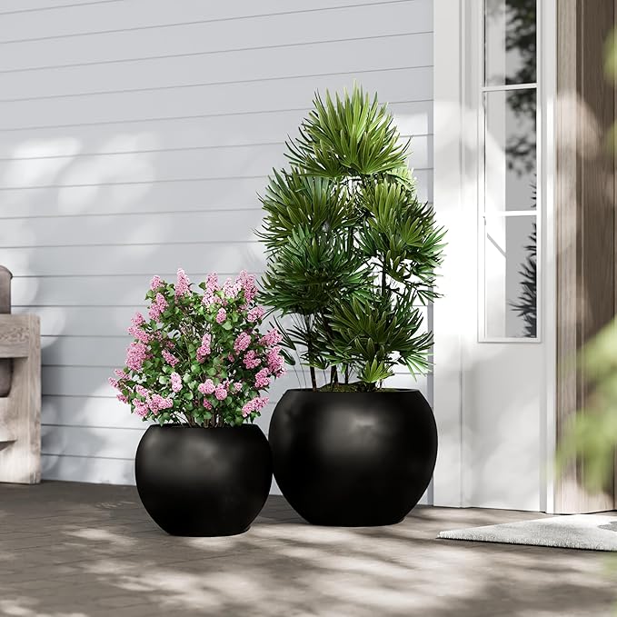DTY Mount Sherman 12.6" D x 10'' H (Pot Opening 8.5") Fiberstone Round Planter with Drainage Hole, Smooth Finishes, Weather Resistant for Indoor and Outdoor, 2 Extra Coco Mats - Black, Small
