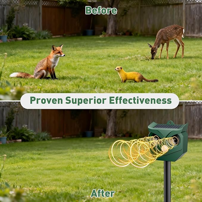 Ultrasonic Animal Repeller with LED Strobe Lights - Outdoor Solar Powered for Squirrels, Deer, Raccoons, Rabbits, Skunks, Cats, Dogs - Protects Garden, Yard, Lawn, Farm & Crops