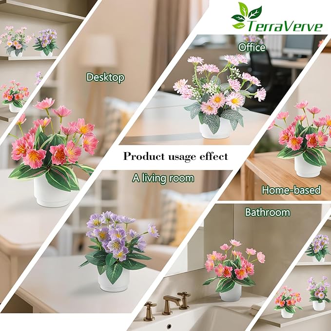 2-Piece Artificial Mums Set & Silk Flowers| Fake Flowers Indoor Planters for Living Room, Bedroom, Bathroom & Office Decor | Boho Style Artificial Plants & Flowers Decor