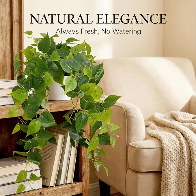 Waipfaru Artificial Plants Indoor, 2Pcs 34" Realistic Fake Pothos Hanging Plants Silk Vines Ivy Potted, Fake Pothos for Living Room Office Bedroom Bathroom Kitchen Shelves Indoor Home Decor