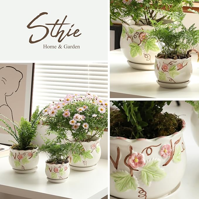 STHIE Ceramic Plant Pots with Drainage Holes and Saucers, Round Flower Pots for Indoor Plant, 4/5.2/6.6 Inches Vintage Flower Planters Set of 3
