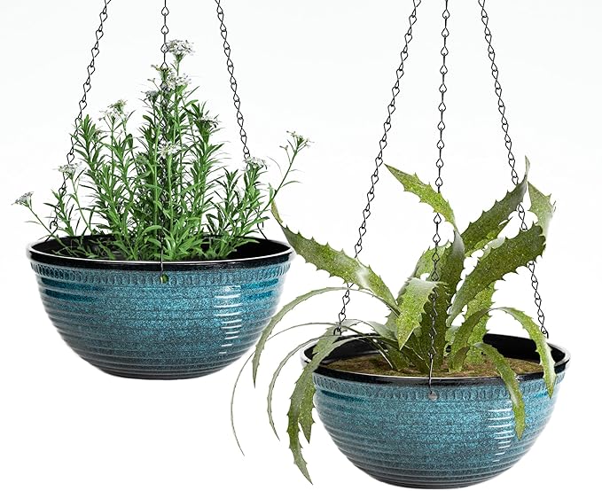 Vanslogreen 12 inch Hanging Planters for Indoor Outdoor Plants, 2 Pack Large Hanging Flower Pots with Drainage Holes and Chain, Glazed Hanging Baskets for Home Garden Decoration, Blue