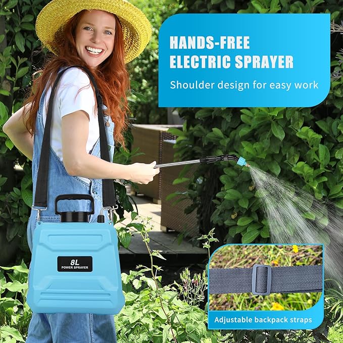 2 Gallon Battery Powered Sprayer, Electric Garden Sprayer, Pump Sprayer with 3 Mist Nozzles & USB Rechargeable Handle & Retractable Wand & Adjustable Strap for Lawn, Garden, Yard(Blue)