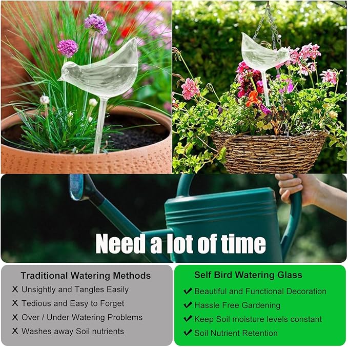 3 Pack Plant Waterer Self Watering Globes,Bird Shape Hand Blown Transparent Mini Durable Clear Glass Aqua Bulbs