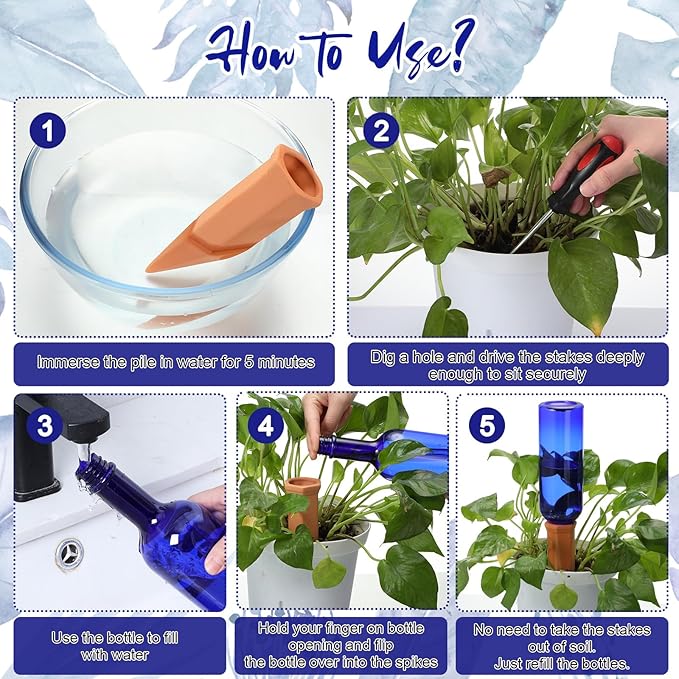 SiliFine 6 Sets Plant Watering Devices Include Terracotta Self Watering Spikes and 26 oz Plastic Bottles, Slow Release Vacation Insert Automatic Plant Waterer Device (Blue Green and Terracotta)