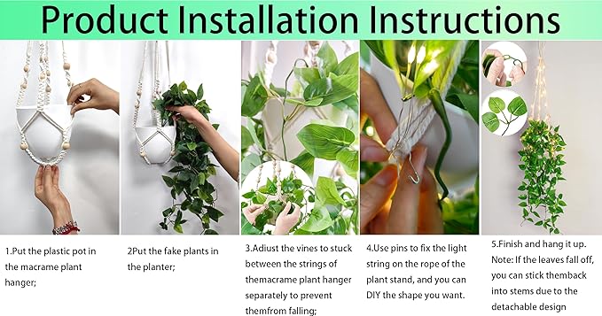 Comtelek Fake Hanging Plants with Lights Artificial Plants for Home Decor Macrame Plant Hanger with Fake Vines Faux Hanging Planter for Wall Ceiling Bedroom Bathroom Kitchen Office Boho Decor Indoor