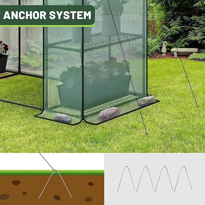3 Tiers 6 Shelves Walk-in Green House, Portable Greenhouse w/Durable PE Cover, Roll Up Zipper Door, Steel Frame Greenhouse w/ Ground Pegs, Ropes for Garden, Patio, Backyard