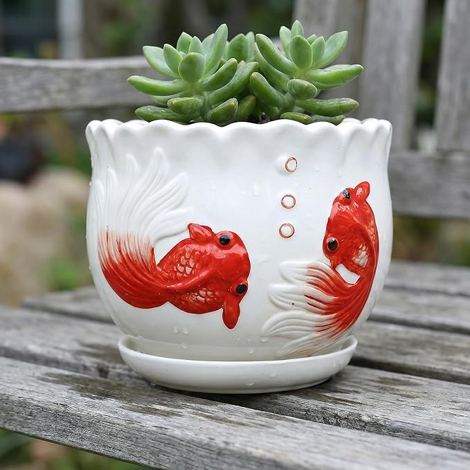 Ceramic Planter with Saucer - 3D Embossed Goldfish Design, Scalloped Edge Decorative Flower Pot for Indoor Outdoor Succulent Cactus, White Porcelain Plant Container with Drainage Hole