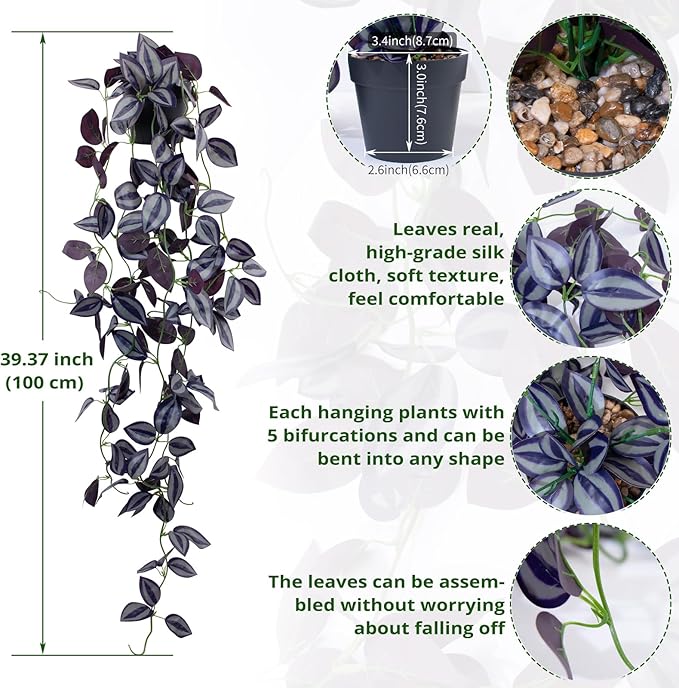 LOYWREE Small Fake Hanging Purple Eyebrow Leaf Plant Artificial Potted Plants Indoor 39-in Long Faux Dark Black Vine Plant with Pot for Shelf Home Office and Outdoor Garden Decor (Black Pot)