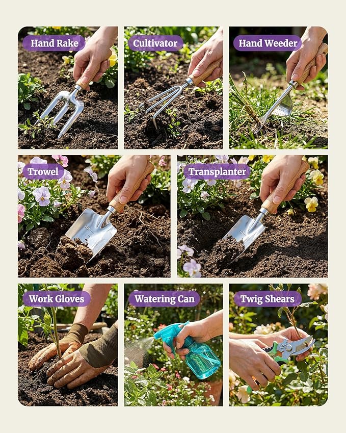 9-Piece Garden Tool Set, Heavy Duty Stainless Steel Rust-Proof Ｇardening Ｋit with Ergonomic Wood Handles, Durable Metal Organizer Basket with 4 Compartments, Ideal Gardening Gift for Women, Mother