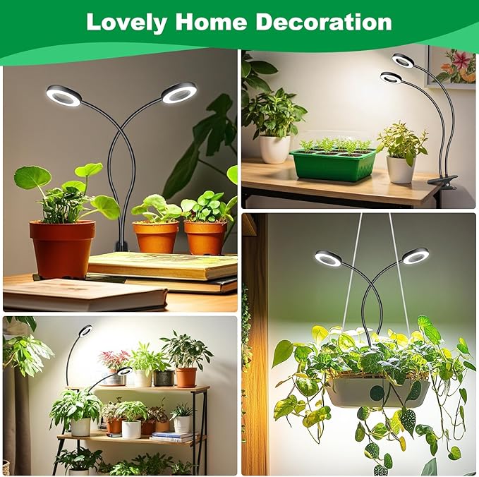 Plant Lights for Indoor Growing,2 in 1 Halo Grow Light with Clip,192 LED Full Spectrum Clip On Plant Grow Lights with 360°gooseneck,3 Spectrum Modes, 6/12/16Hrs Auto Time&5 Brightness 2 Pack