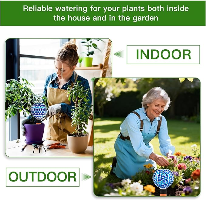 VOREEN Blue Mosaic Self Watering Globes 2 Pack, 500ml Handmade Glass Terracotta Plant Spikes, Automatic Self Watering Devices for Indoor Outdoor Pots, Decorative Water Saver Gift for Garden Lovers