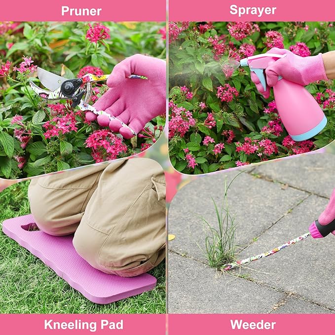 Housolution Gardening Tools Set, 10 PCS Stainless Steel Heavy-Duty with Non-slip Soft Rubber Handle with Large Garden Bag, Floral Pattern Gardening Tool Set Gifts for Women Birthday Mother's Day, Pink