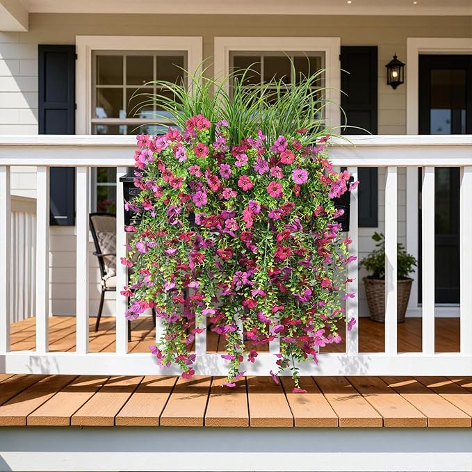 Artificial Hanging Flowers with Wheat Grass for Outdoors, 5 Pcs Fake Hanging Plants for Spring Decor, UV Resistant Faux Silk Flower Greenry for Planter Porch Patio Yard Garden(Light Purple Red)