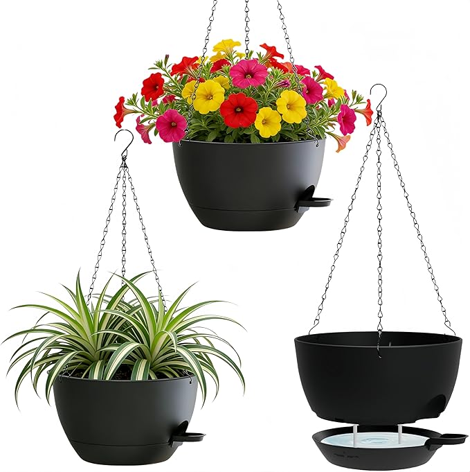 3 Pack Hanging Planters for Indoor Outdoor Plants, 10 Inch Self Watering Hanging Pots for Plants, Plastic Hanging Flower Baskets for Plants Hanger with Drainage and Tray, Chain (Black)