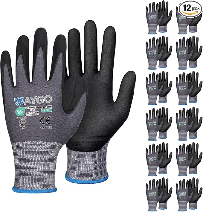 KAYGO Safety Work Gloves MicroFoam Nitrile Coated, 12 Pairs KG18NB,Seamless Knit Nylon Glove for Men and Women, Ideal for Automotive,Warehouse,Construction (Medium, Gray)