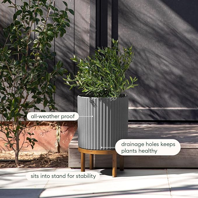 Veradek Demi Series Round Planter w/Stand for Porch/Patio | Durable Plastic-Stone Composite & Wooden Stand | Modern Décor for Tall Plants, Flowers