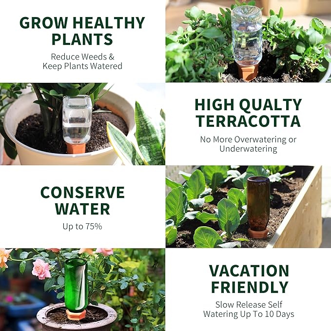 Soilagua Terracotta Watering Spikes, Wine Bottle Watering Stakes, Slow Release Self Watering Planter Insert for Out | Indoor Plants, Vacation Plant Watering Devices, Automatic Plant Waterer, 4-Pack