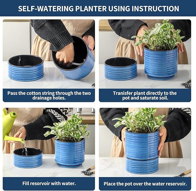 HASENSE Ceramic Plant Pot with Saucer, 6 Inch Planter for Indoor Plants with Drainage Hole,Snake Plants & Cactus, Navy Blue Flower Pot for Succulents,Modern Home Office Decor Gift
