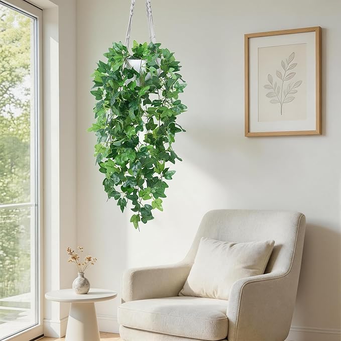 DREAMLOOM Fake Hanging Plants with Pot, Artificial Ivy Hanging Plants with Macrame Hanger for Indoor Decor, Fake Hanging Vines Faux Greenery for Home Kitchen Office