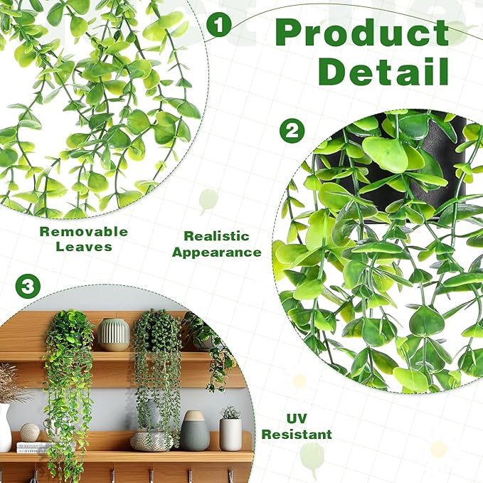 SHENLIU Artificial Hanging Plants for Shelf, 4 Pack Fake Potted Greenery Plant Faux Eucalyptus Vine String of Pearls Boston Fern Ivy Vine Leaves for Living Room Bedroom Boho Wall Shelf Indoor Outdoor