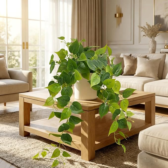 Waipfaru Artificial Plants Indoor, 1Pcs 34" Realistic Fake Pothos Hanging Plants Silk Vines Ivy Potted, Fake Pothos for Living Room Office Bedroom Bathroom Kitchen Shelves Indoor Home Decor