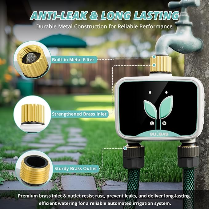 QUOBAS Smart WiFi Water Timer for Garden Hose, 2 Zone Brass Sprinkler Timer with App Control & Rain Delay/Auto/Manual 3 Modes for Drip Irrigation, Pool & Lawn, Battery Powered
