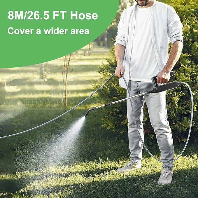 Battery Powered Sprayer Wand,Electric Plant Sprayer Telescopic Watering Wand with 26.5FT Hose,Rechargeable Electric Watering Sprayer Handle with 3 Adjustable Nozzles & Filter for Weed, Lawn and Garden