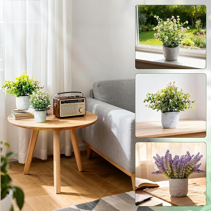 3-Pack Potted Artificial Plants, Small Eucalyptus Faux Plants for Shelf Desk Home Bathroom Farmhouse Room Coffee Table Decor (Pink Purple)