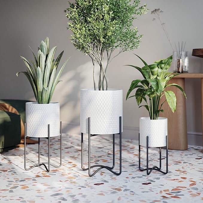 EverNest Claire Mid-Century Modern White Plant Pot with Ambrose Stand, SelectBase, Indoor Plant Pot, Bohemian Style, Minimalist Plant Home Décor (Set of 3, Black)